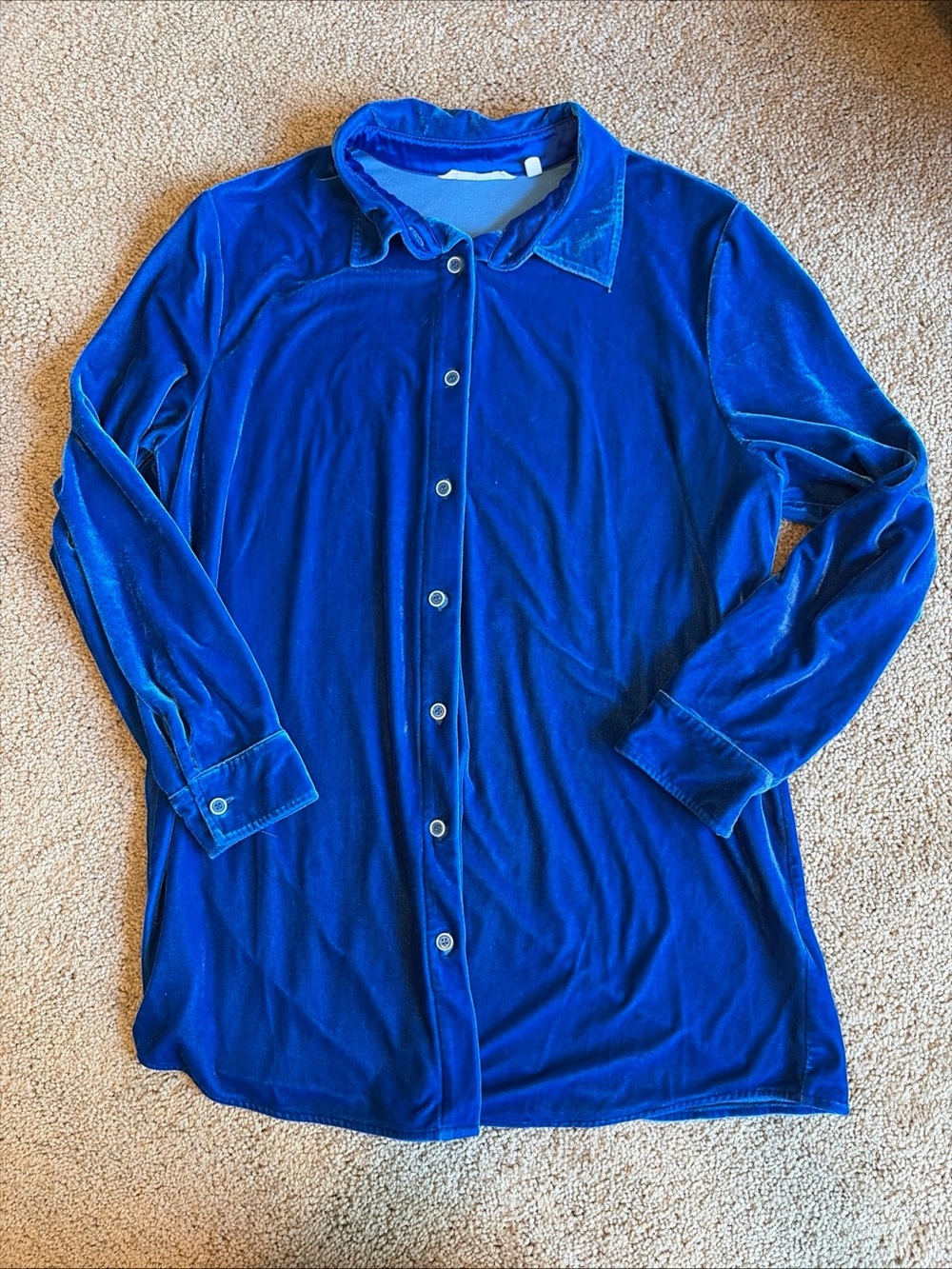 Soft Surroundings Blue Velvet Button-Up Collared Blouse Women's Size L